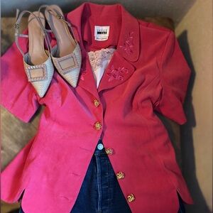 Vintage Leslie Fay Pink Embroidered Two-Piece Skirt Set | Gold Buttons | Size 14